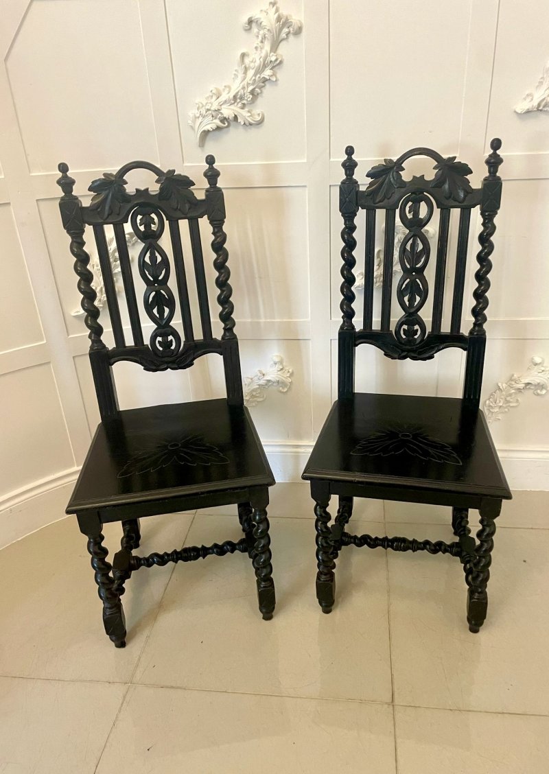 Pair of Antique Victorian Quality Carved Ebonised Oak Side Chairs